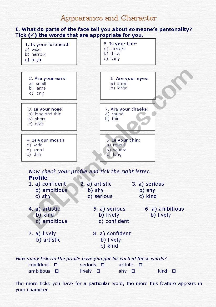 appearance & character worksheet