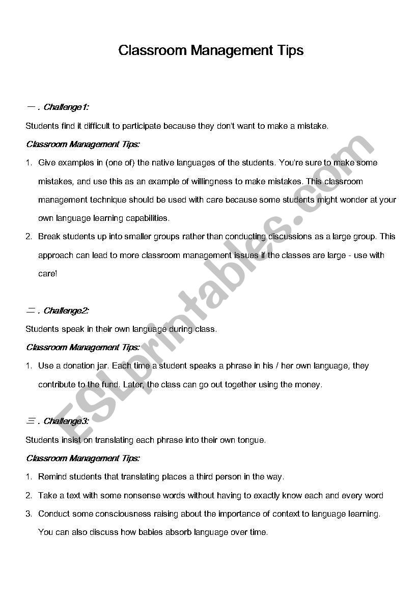 Classroom management  worksheet