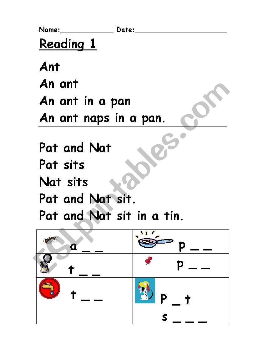 Phonics reading 1 worksheet