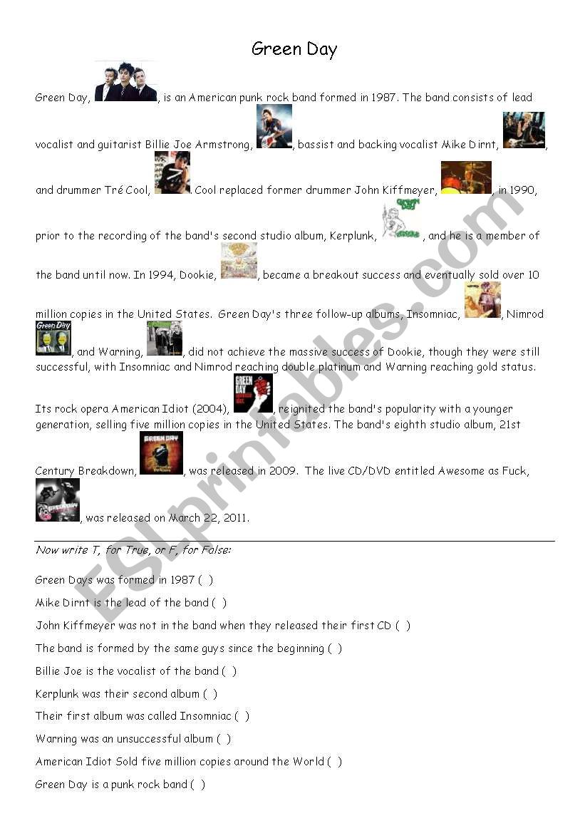 Green Day - Short Biography worksheet
