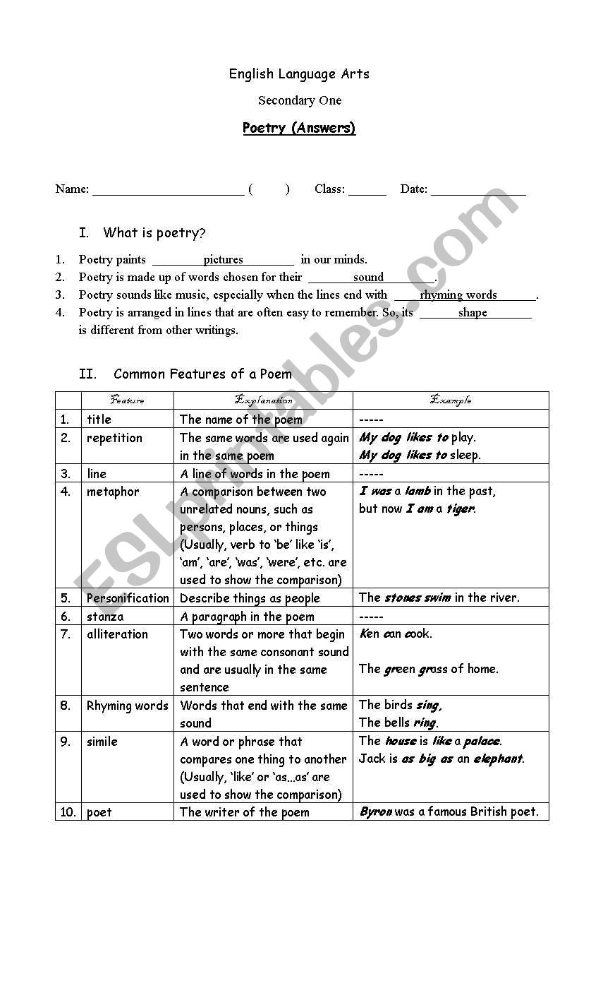 Poetry worksheet