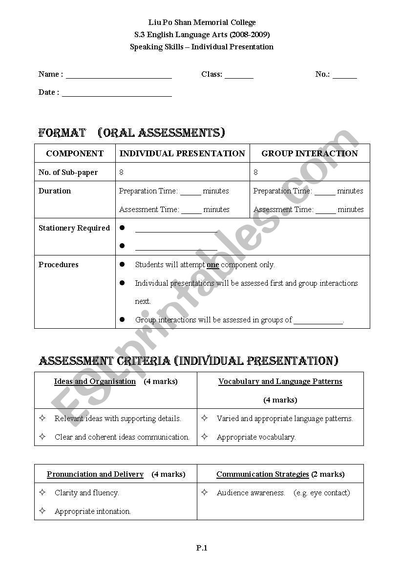 Individual Presentations worksheet