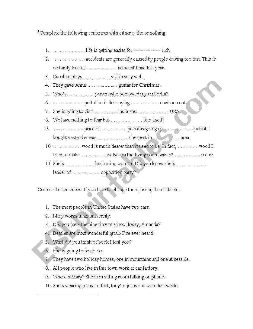 Articles worksheet