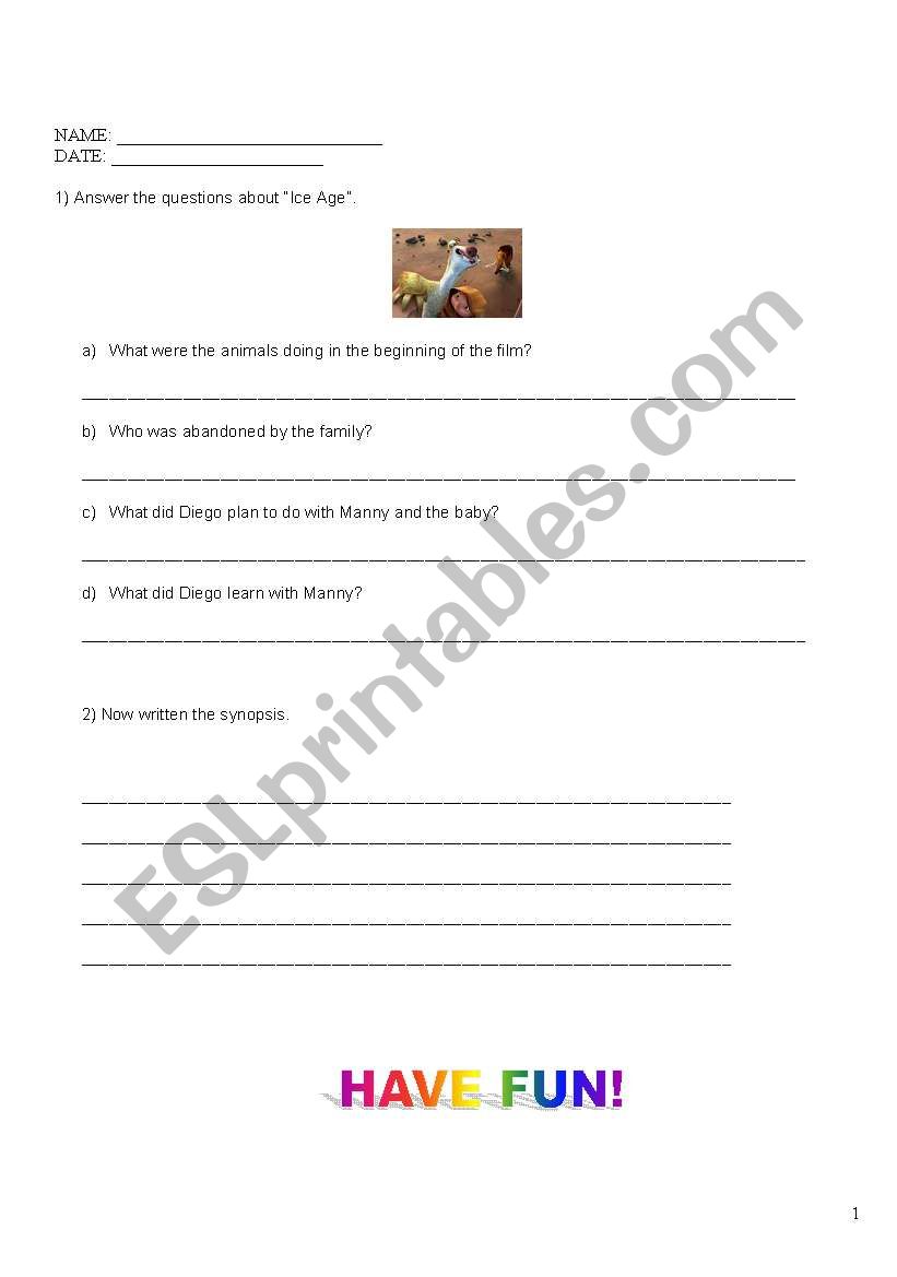 ICE AGE MOVIE worksheet