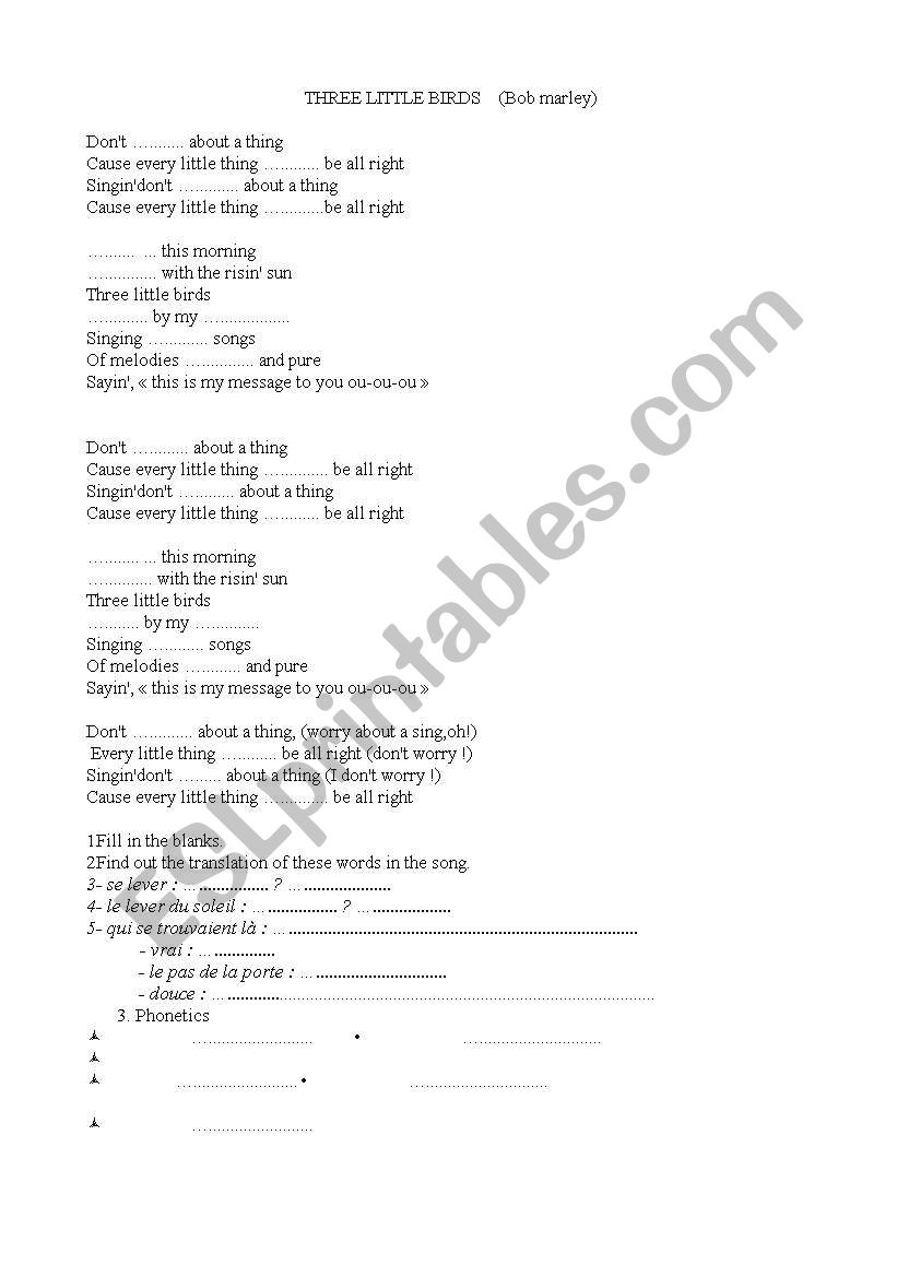 SONG:Three litltle birds worksheet