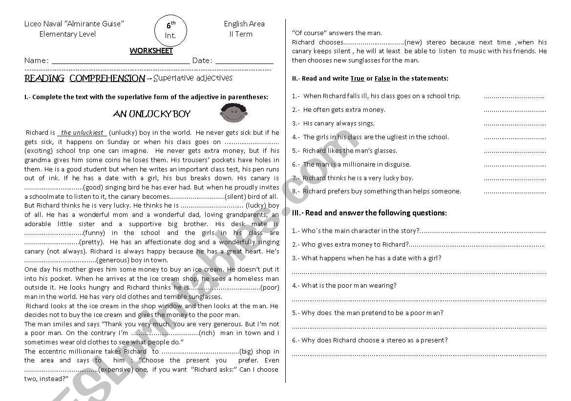 reading comprehension worksheet