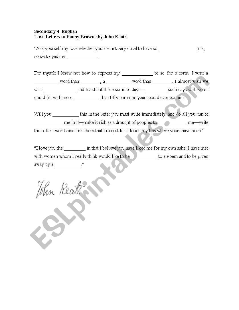 John Keats Love letters  worksheet