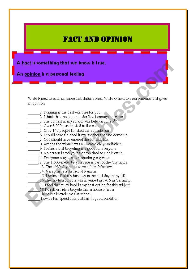 FACT AND OPINION worksheet