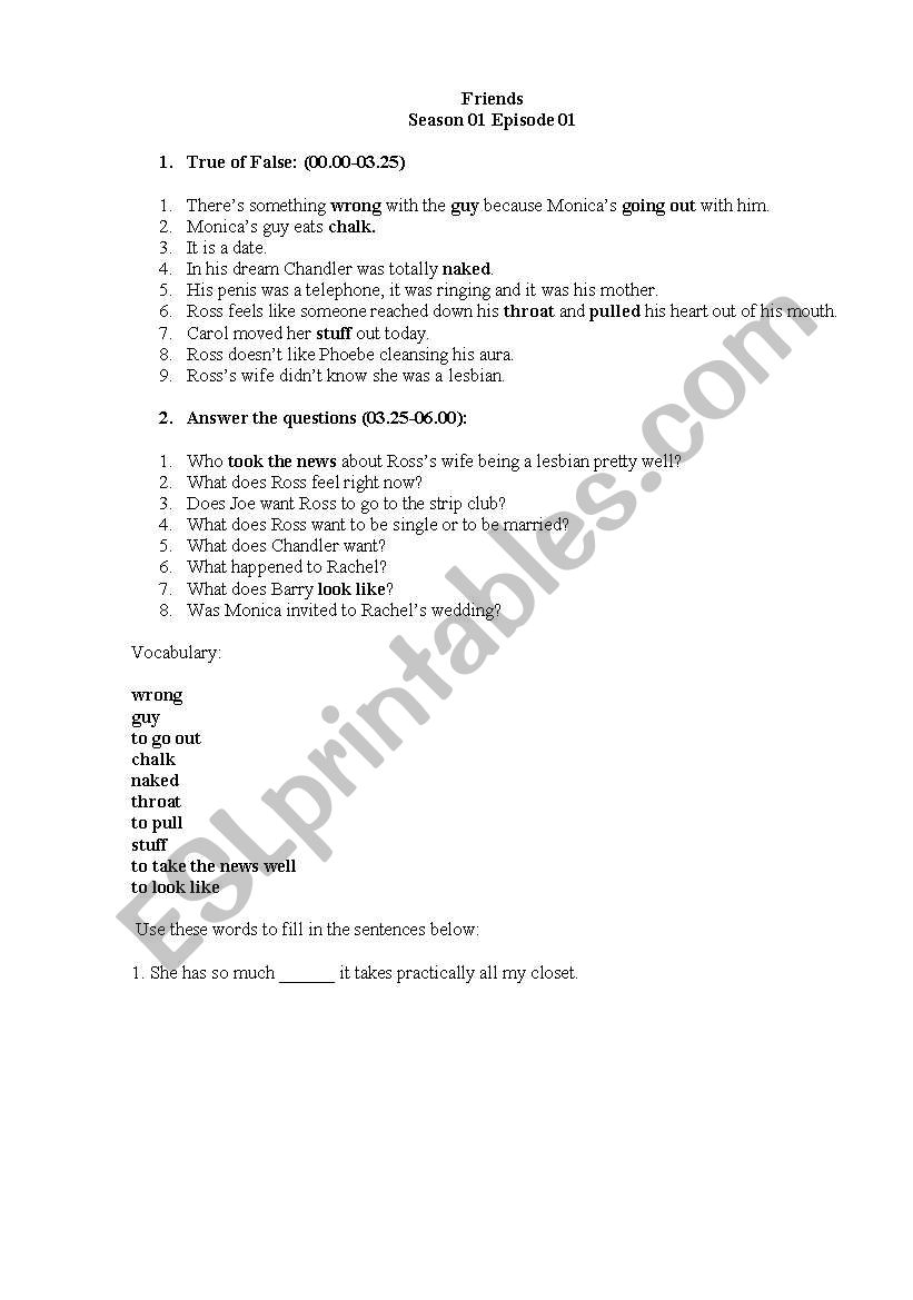 Friends season 1 episode 1 video exercise ESL worksheet by