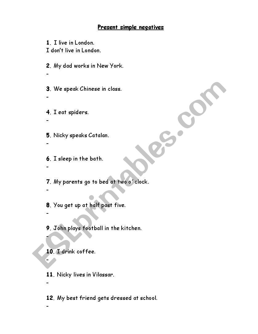 present simple negative worksheet