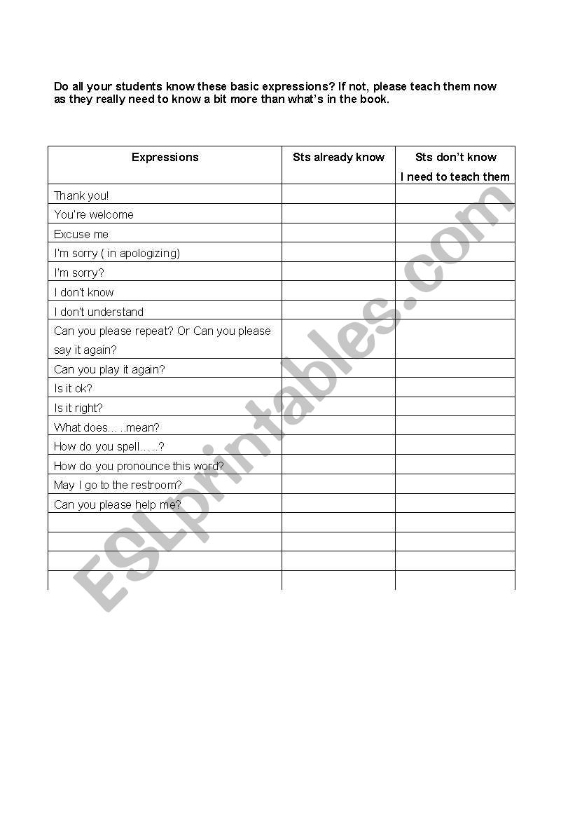 Basic Classroom Expressions for Students