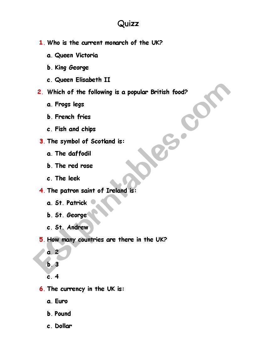 UK Quiz worksheet
