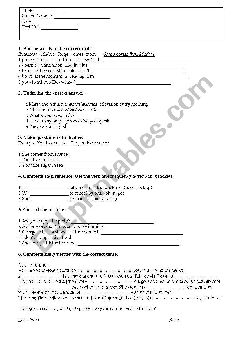 Present simple test worksheet