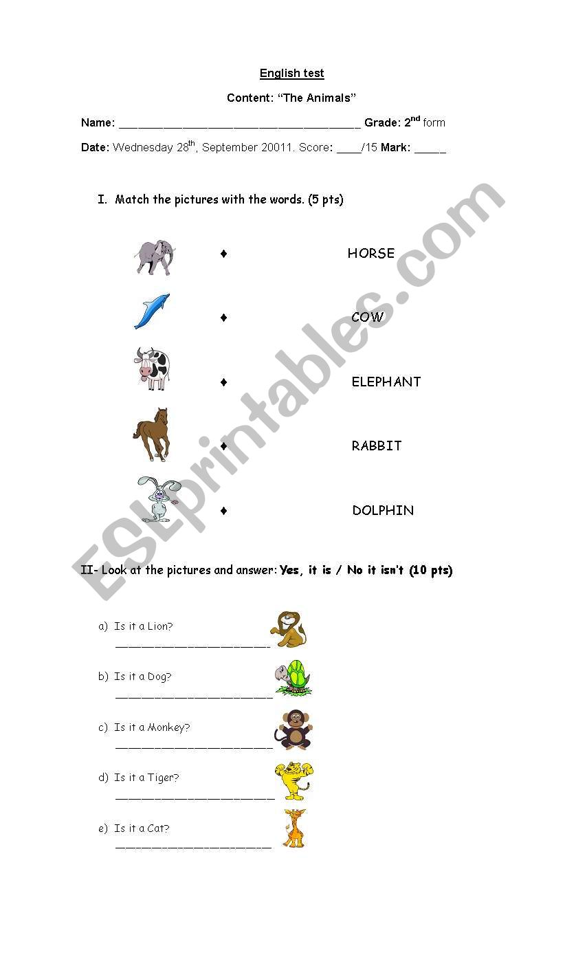 The animals worksheet