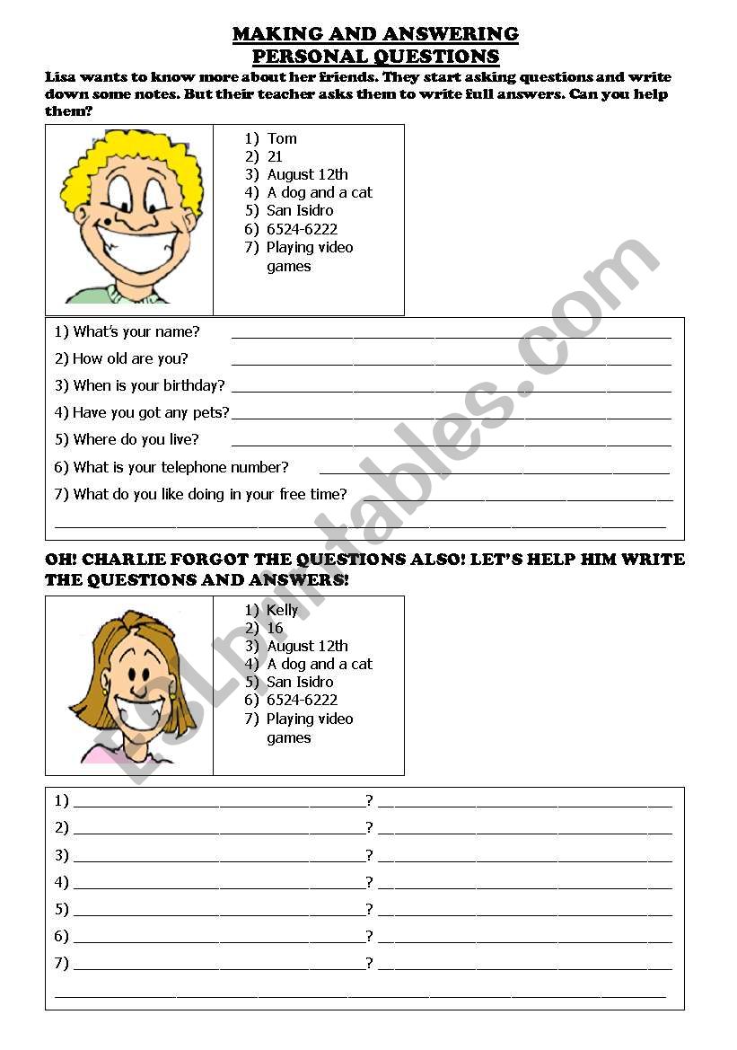 Personal Question worksheet