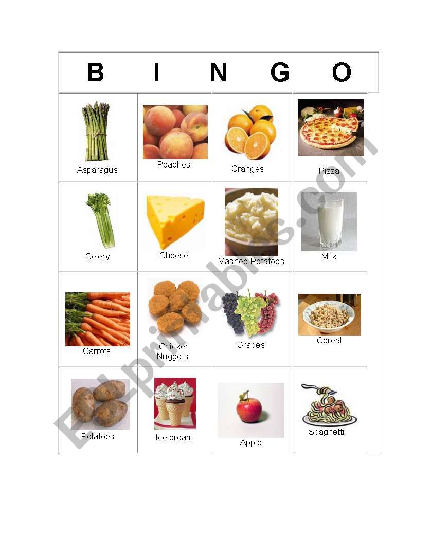 Bingo food worksheet