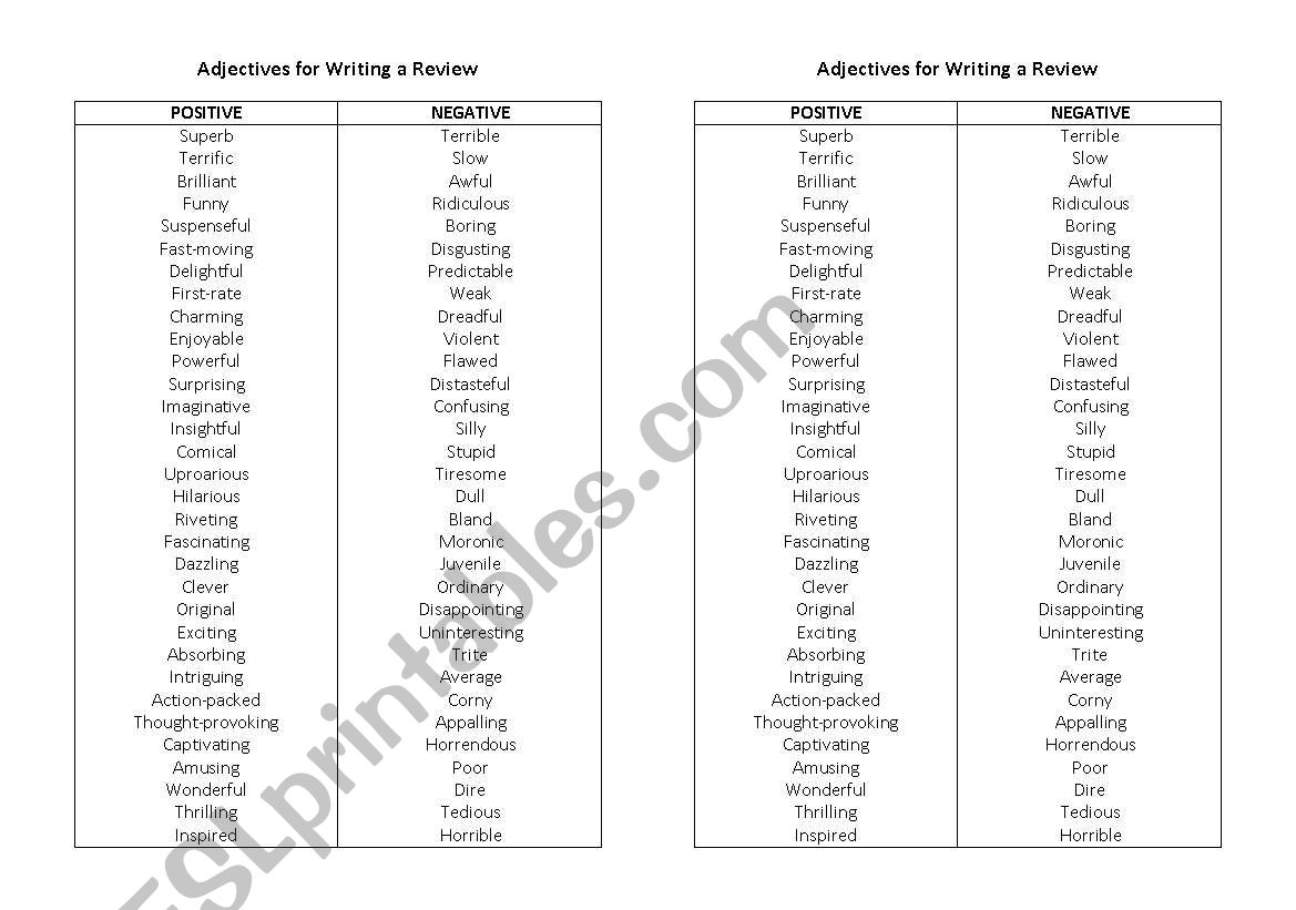 Adjectives for Writing a Review