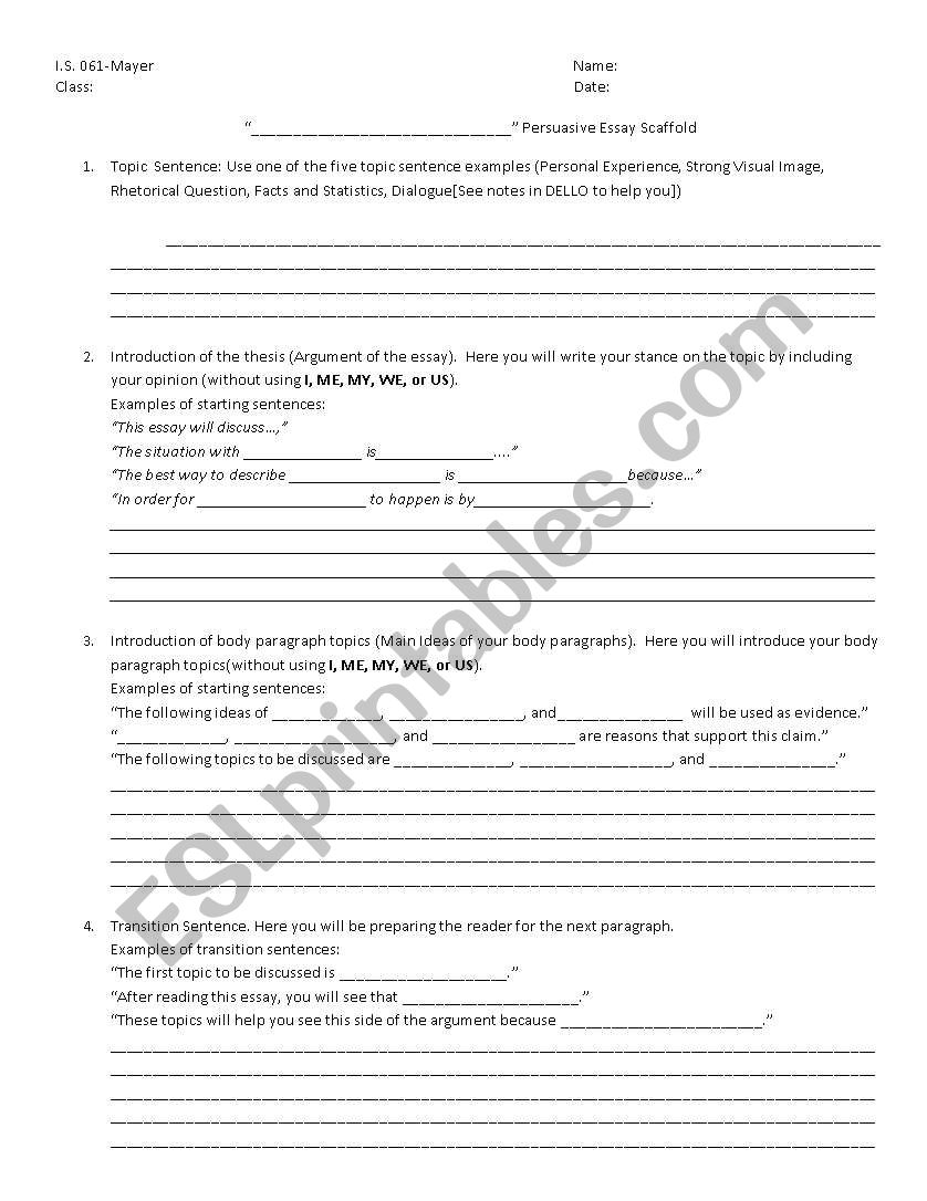 Scaffolded Persuasive Essay Introduction Paragraph