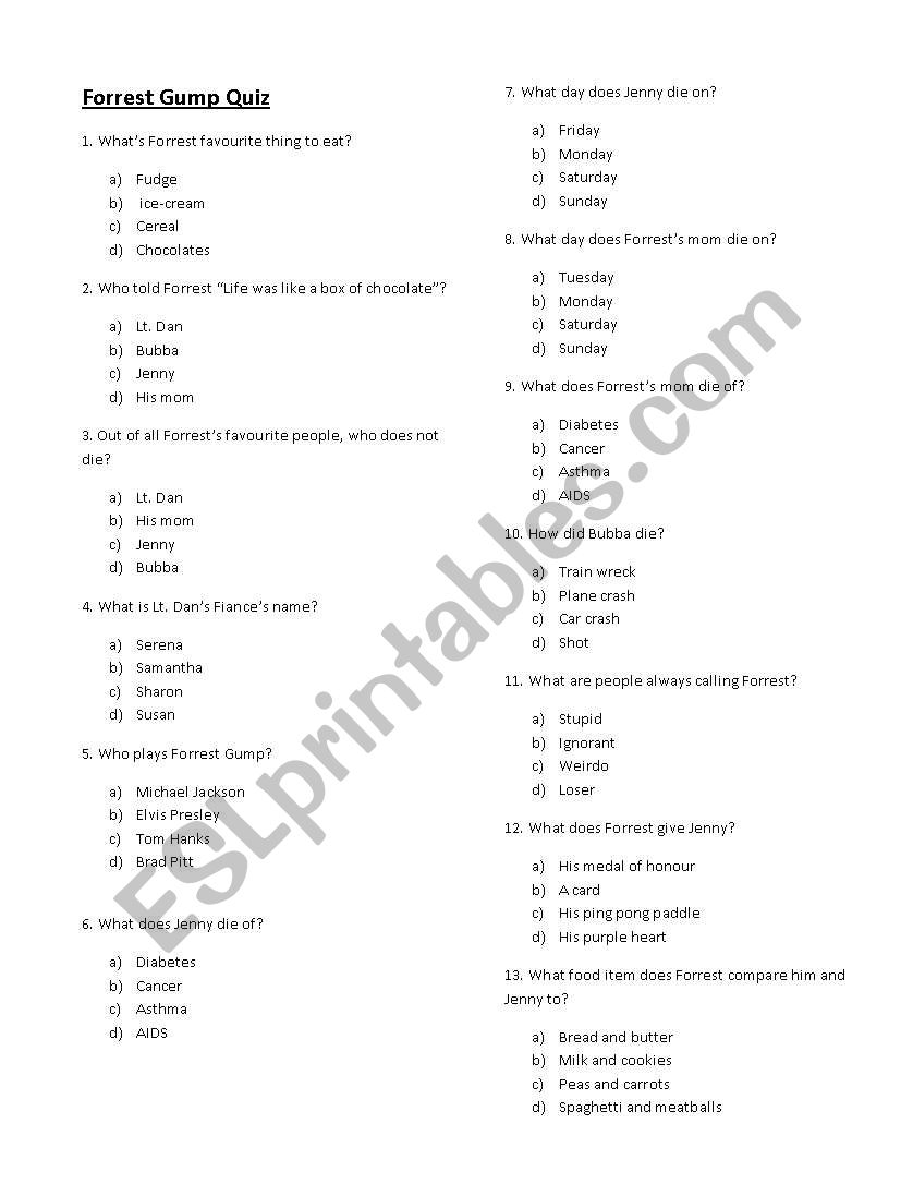 Forrest Gump Movie Quiz worksheet