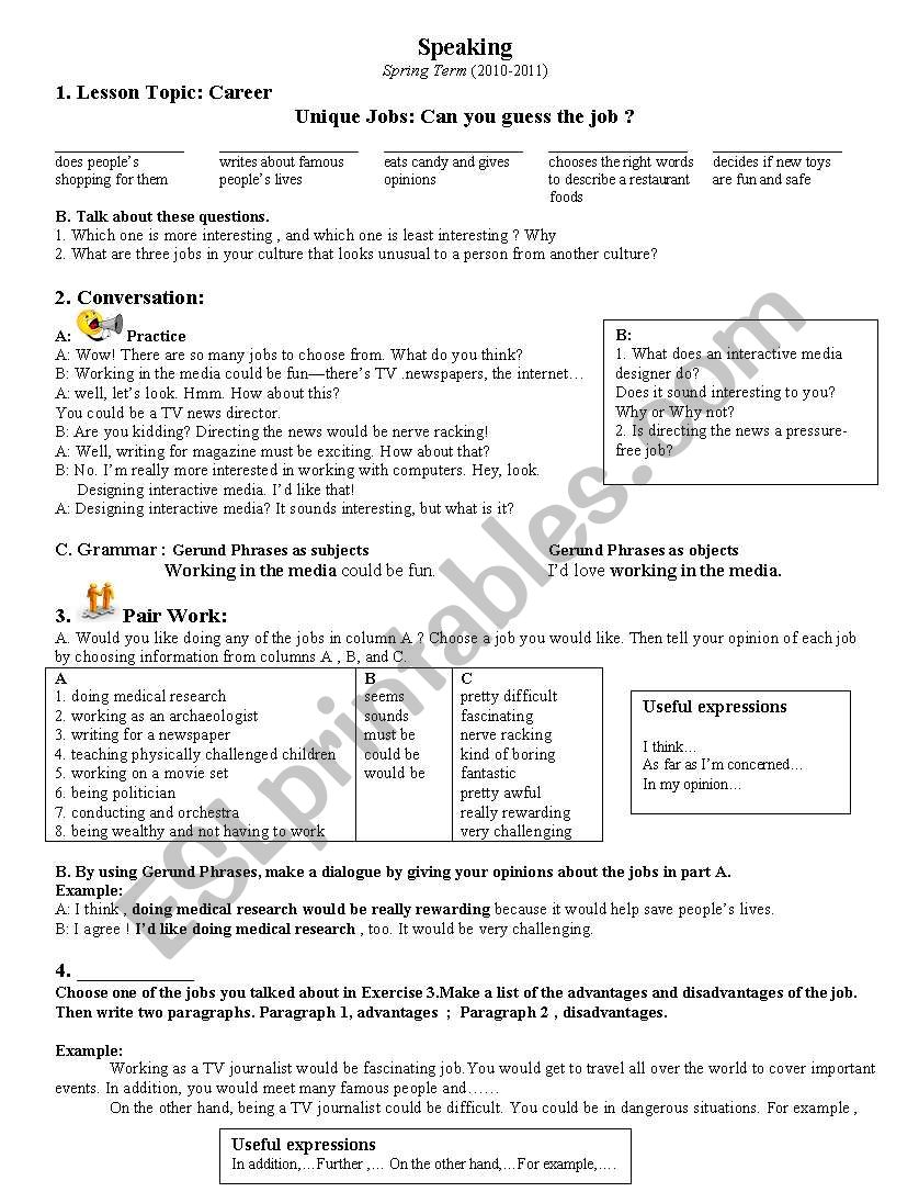 Gerunds Phrases as Subjects and Objects About Jobs/Career 