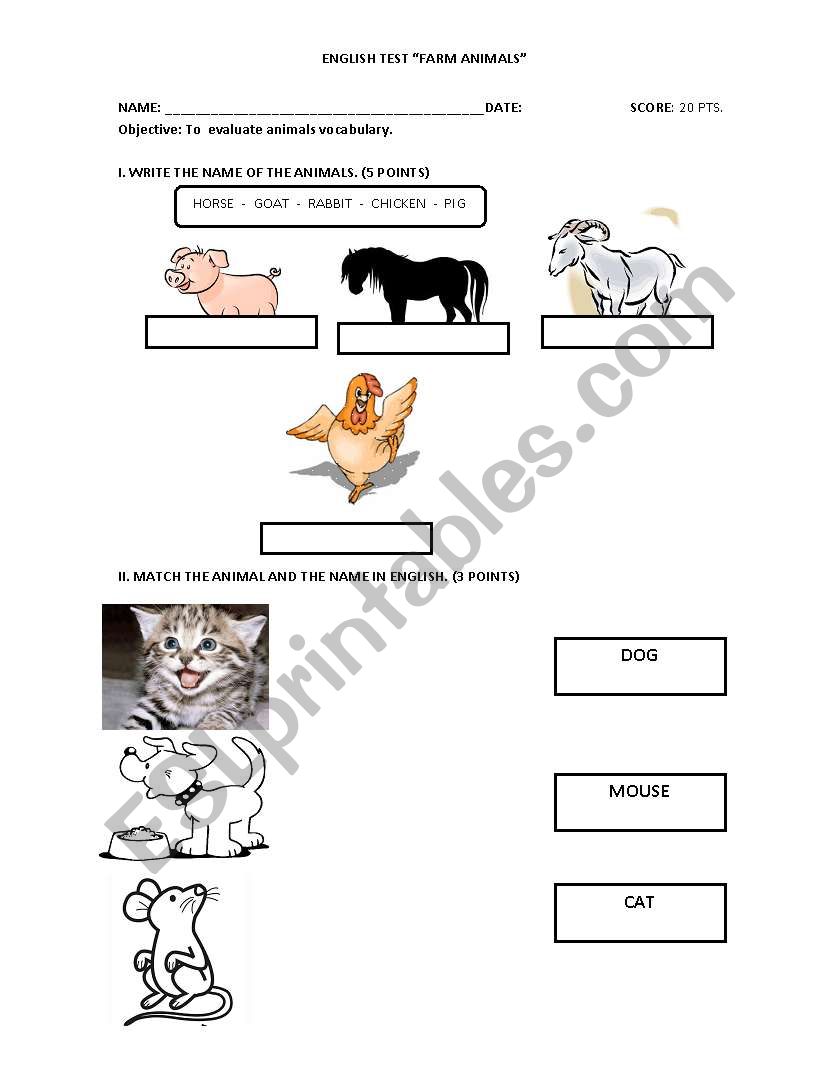 Farm animals test  worksheet