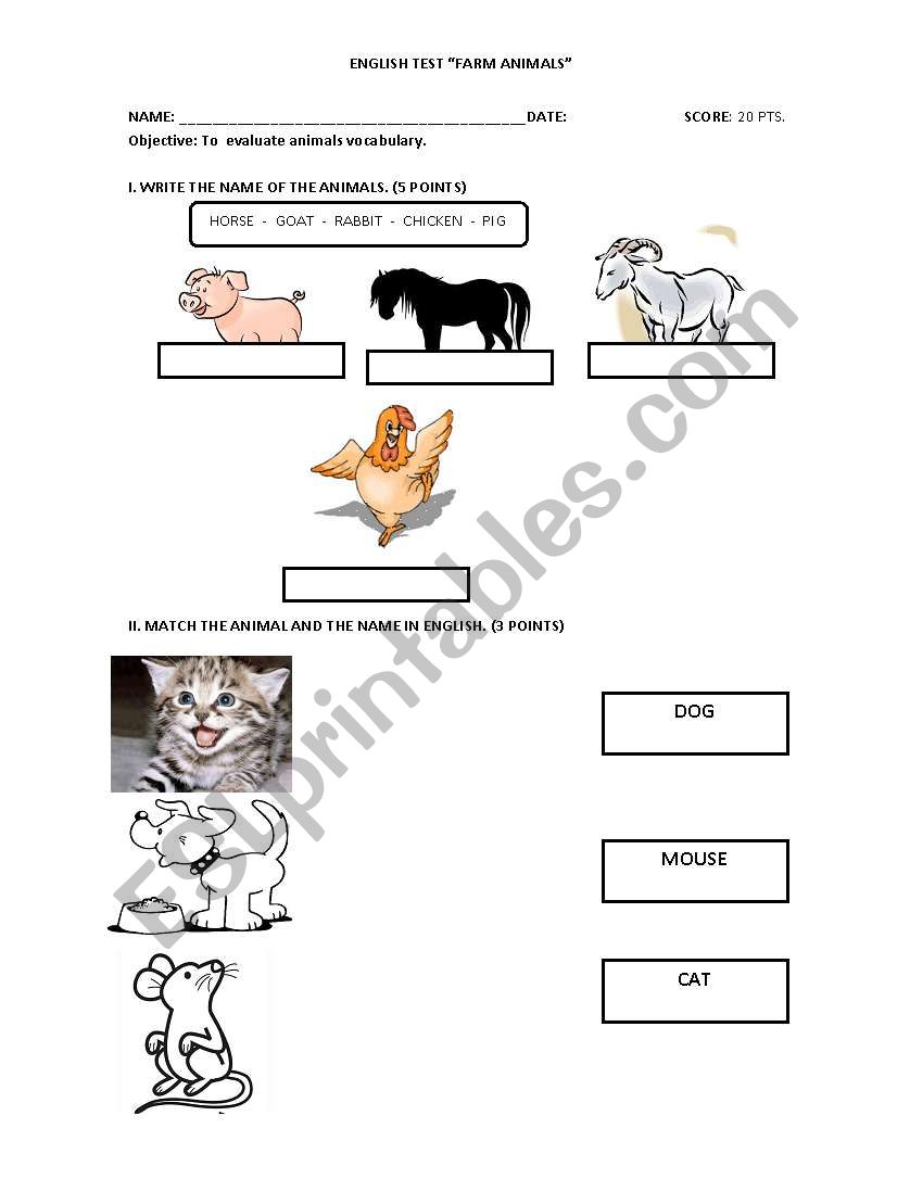 Farm animals test  worksheet