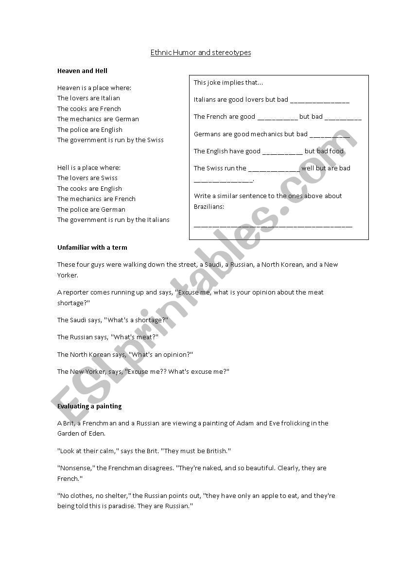 Ethnic jokes and stereotype worksheet