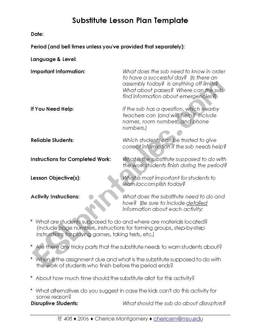 Substitute Lesson Plan Template