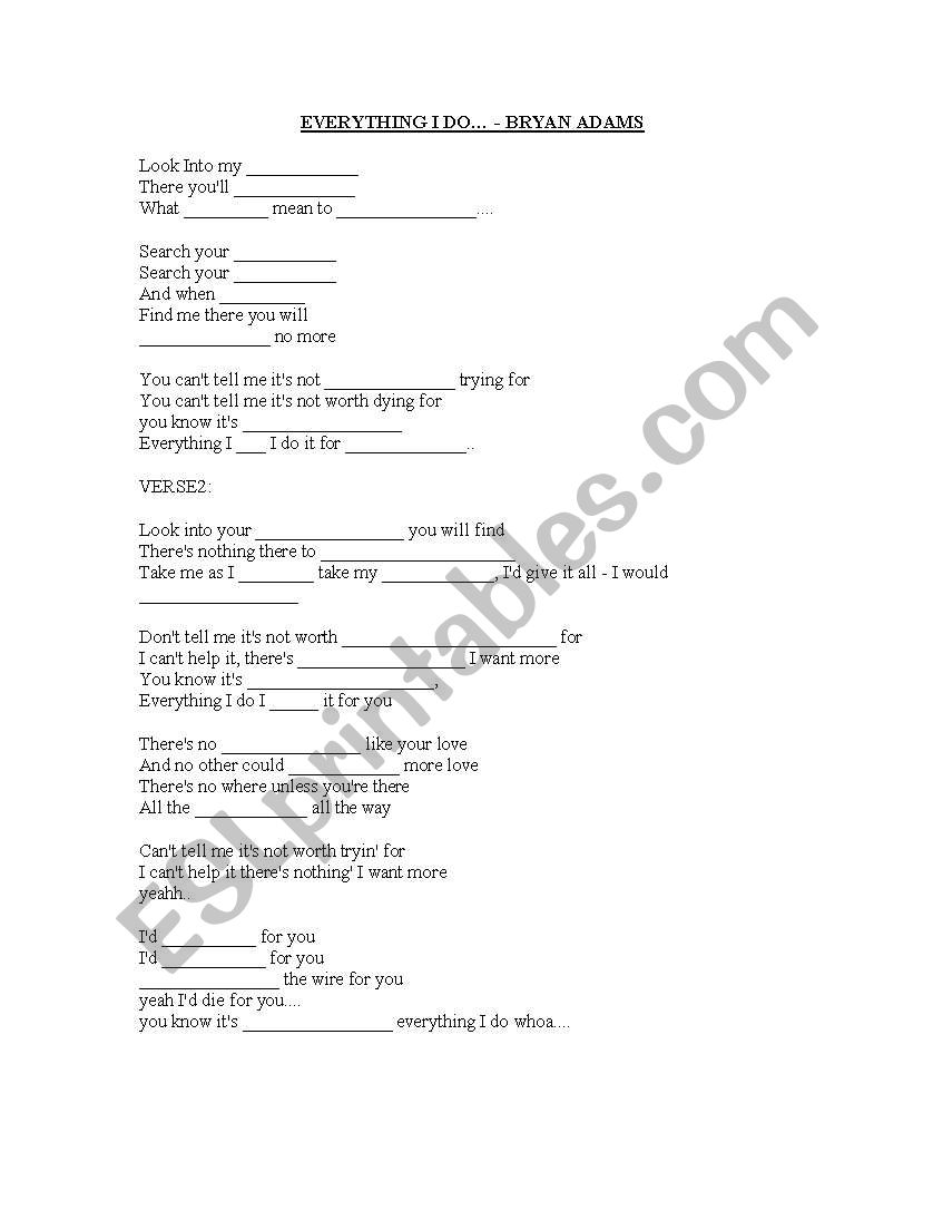 Everything I Do - Bryan Adams worksheet