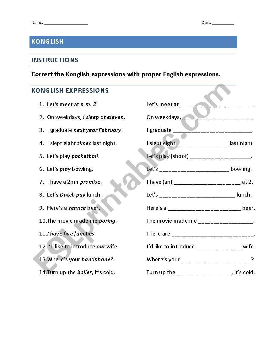 Konglish worksheet