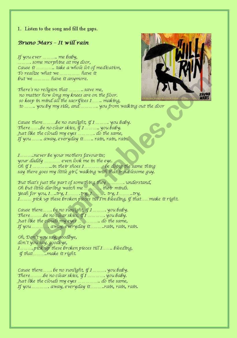 Bruno Mars - It will rain worksheet