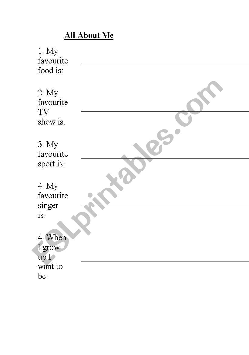 All About Me worksheet