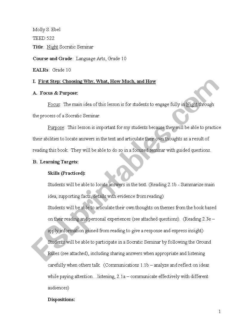 Night Socratic Seminar worksheet