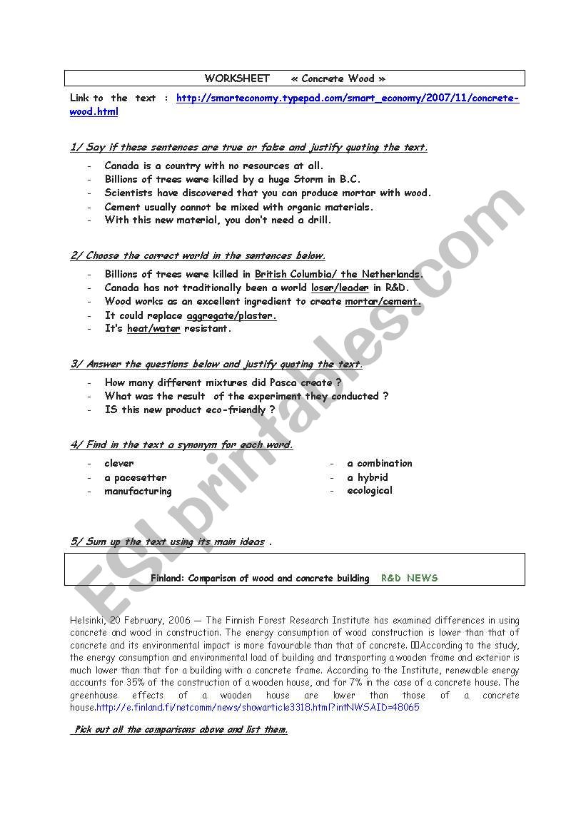 English worksheets: reading comprehension concrete wood