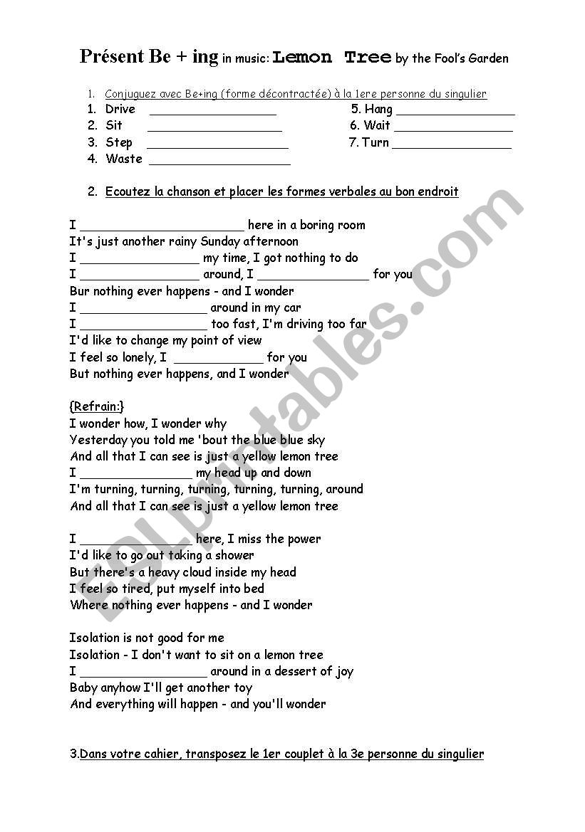 lemon tree song worksheet