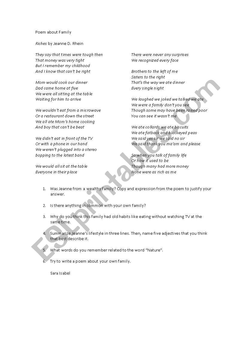 Poem about family worksheet