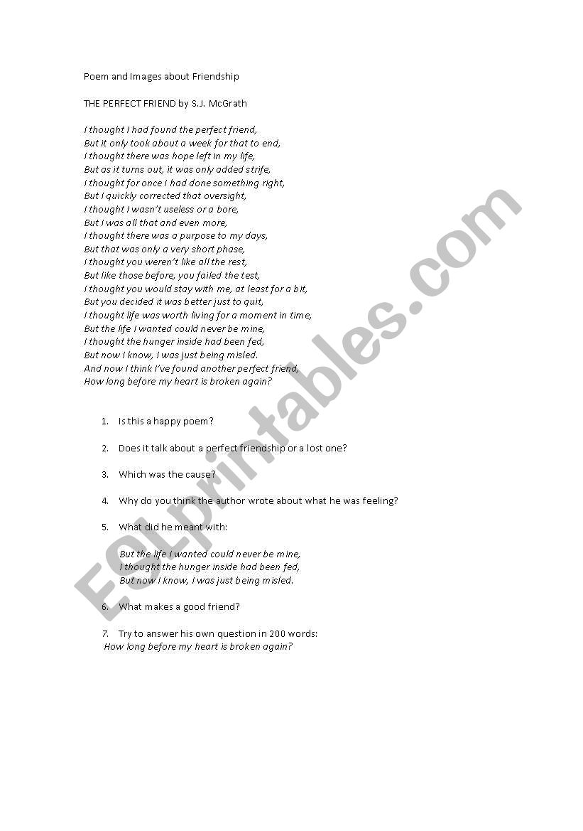 Poem about friendship worksheet