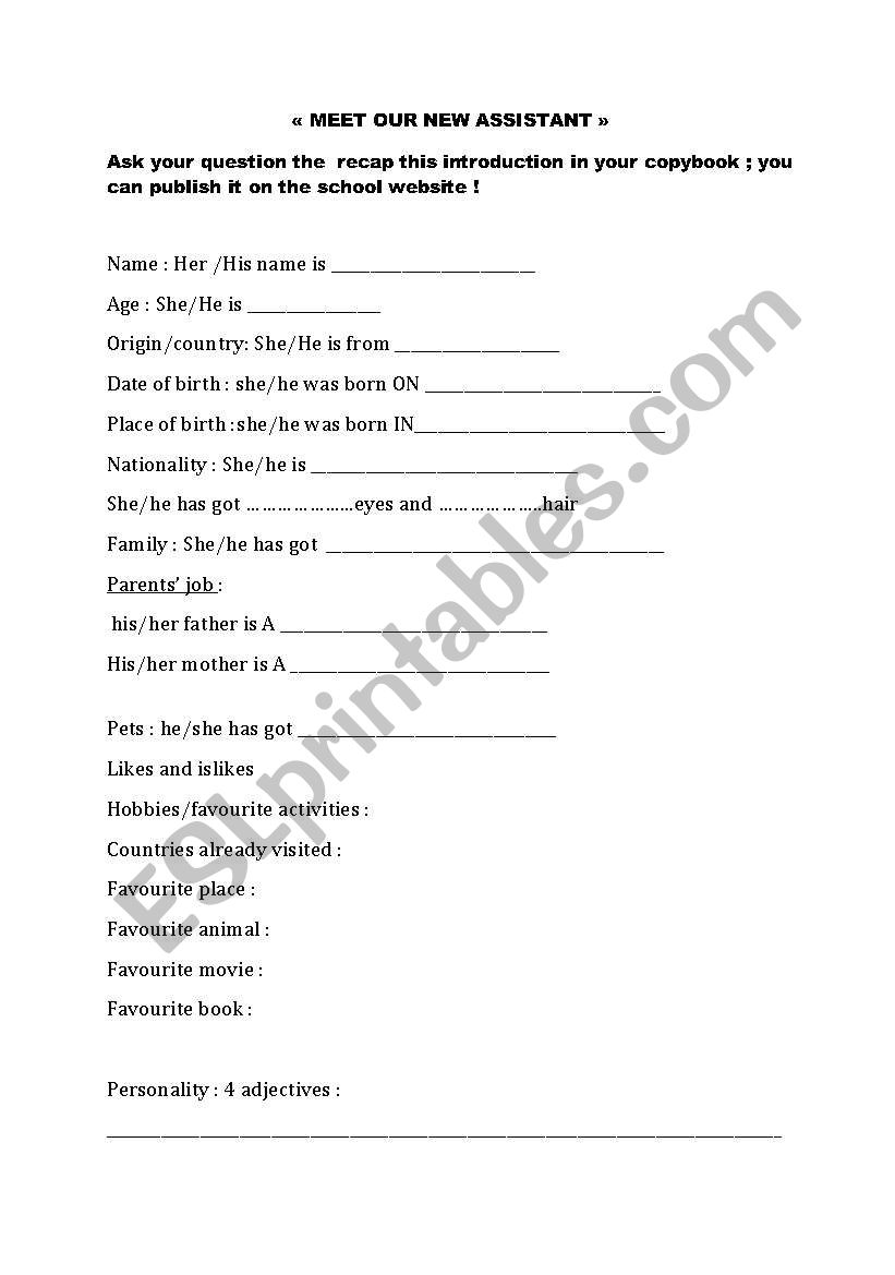 INTERVIEW OUR NEW ASSISTANT worksheet