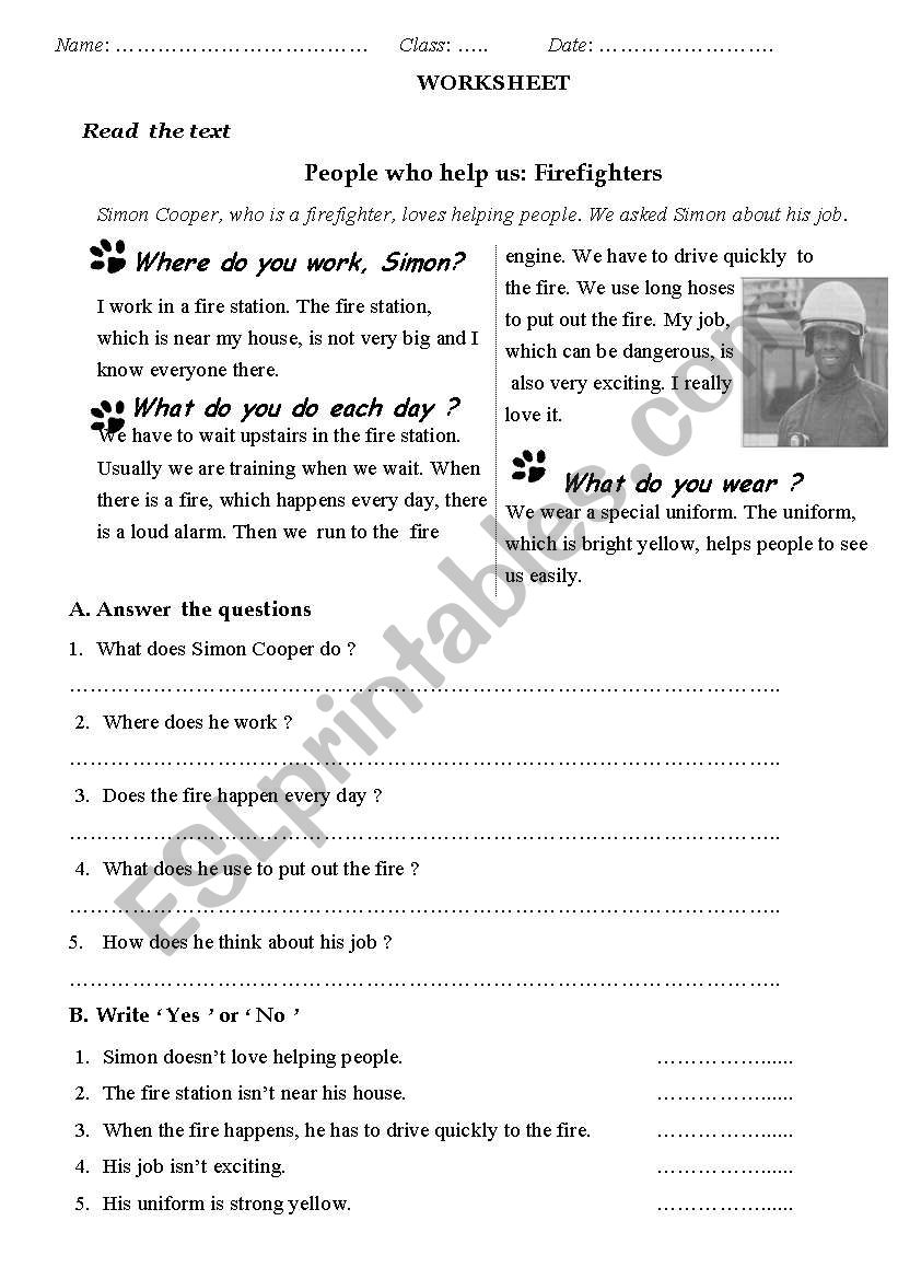 Job: Firefighter worksheet