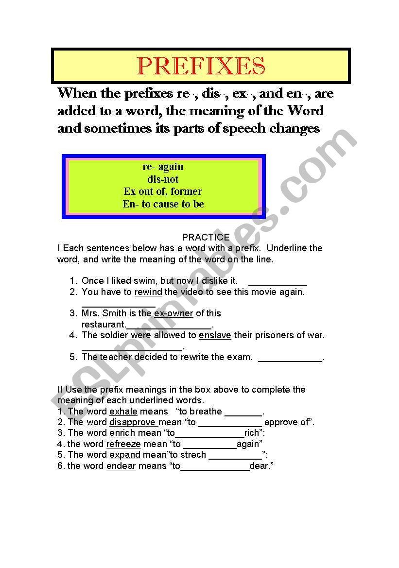 Prefixes worksheet