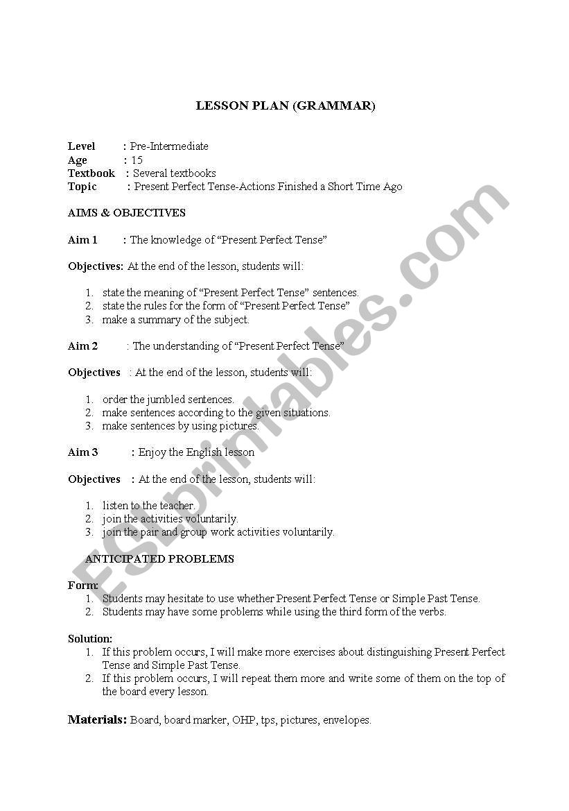 present perfect worksheet