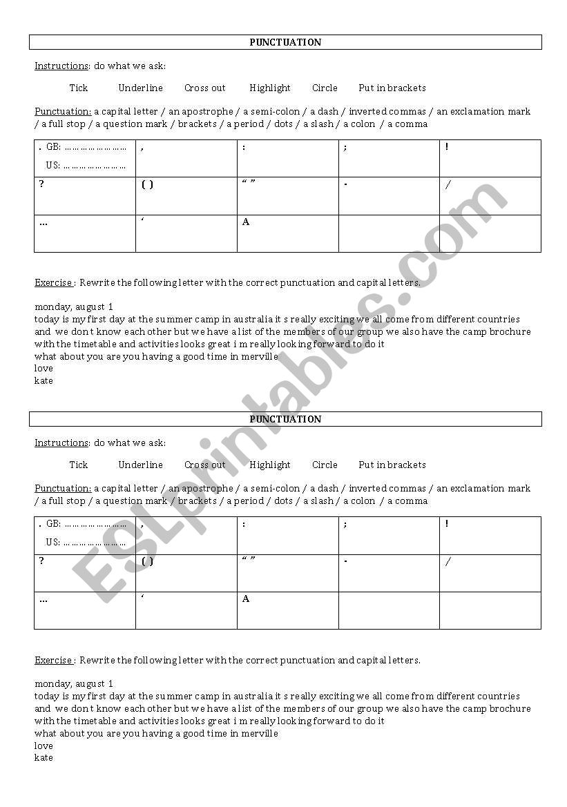 Punctuation worksheet