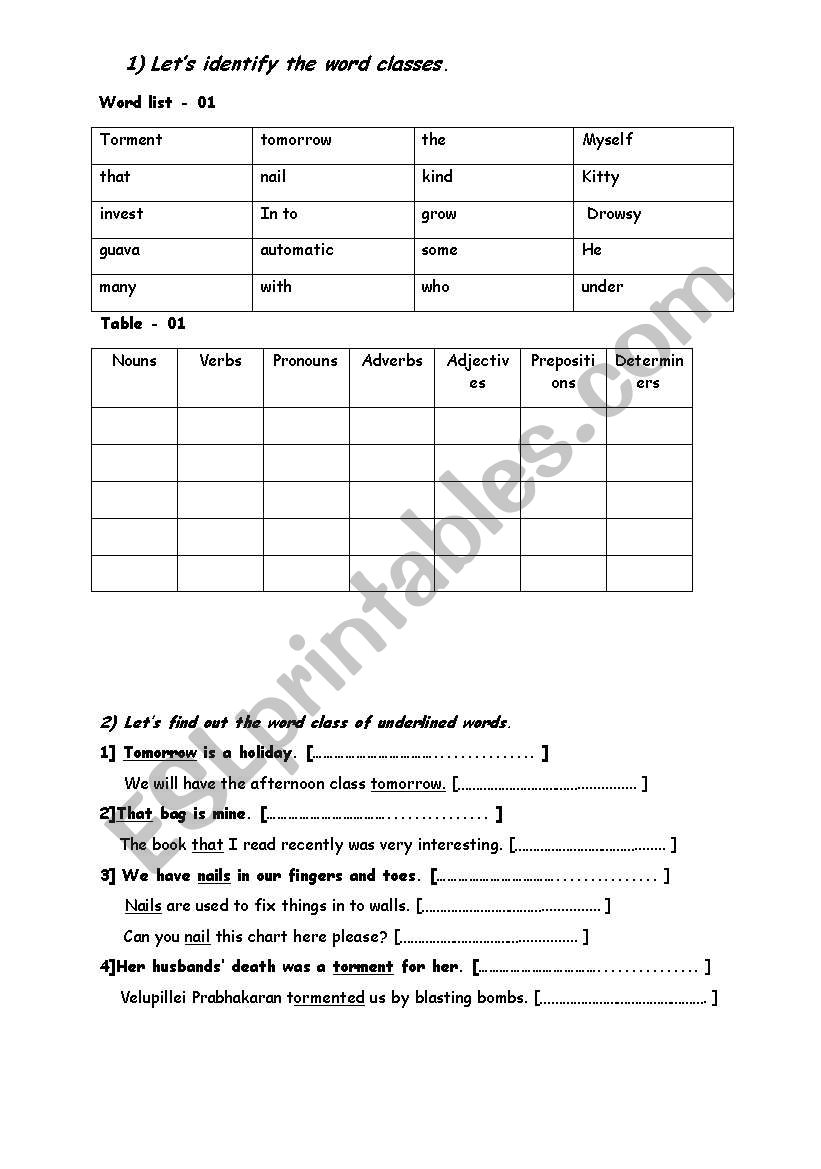 Word classes worksheet