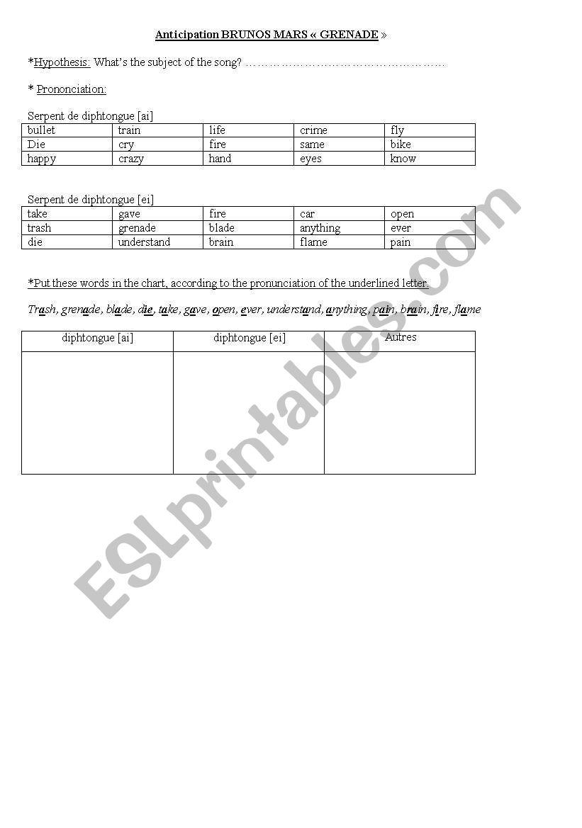 song: Grenade - Bruno Mars worksheet