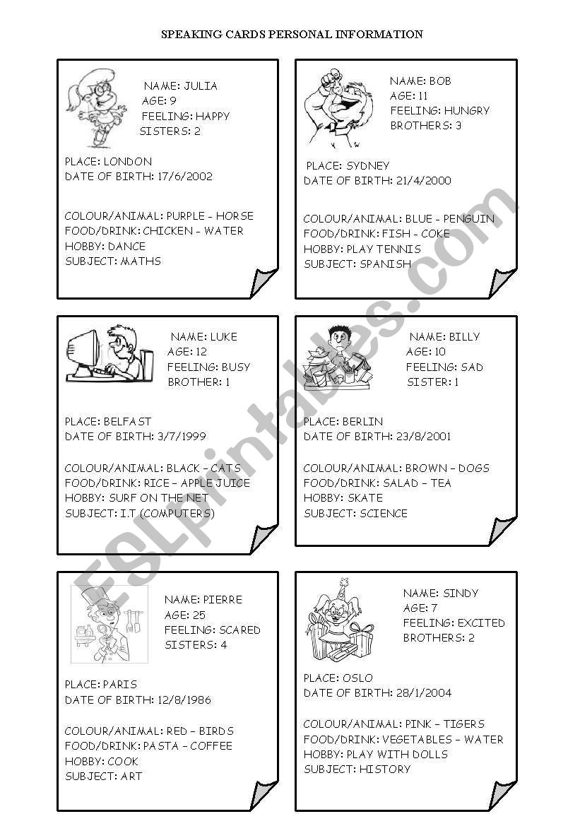 Speaking Cards Personal Information