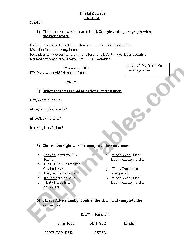 Starter Test worksheet