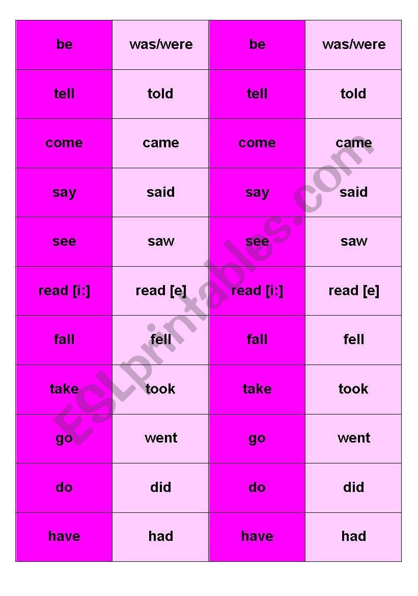 Verb Pairs: Infinitive-Past Tense forms, both regular and irregular