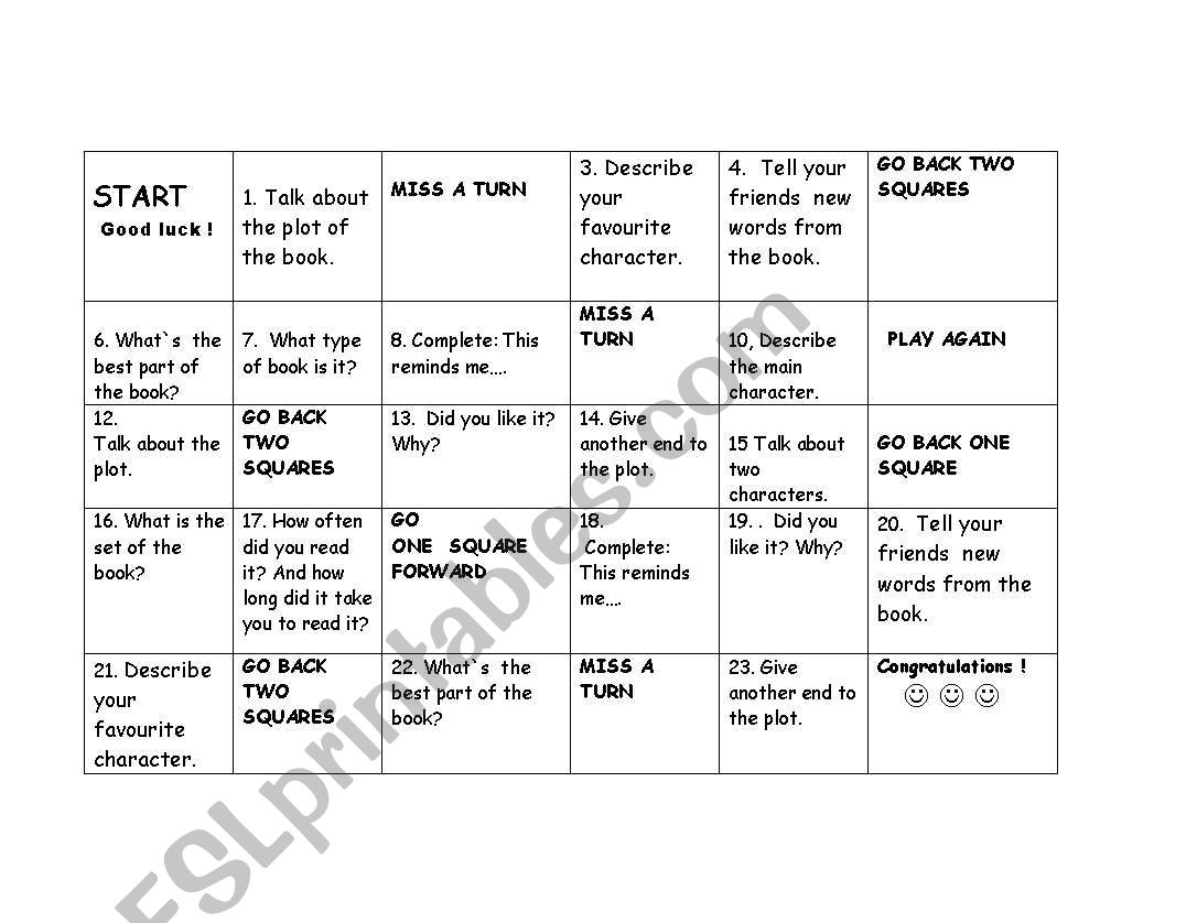 Readers board game worksheet