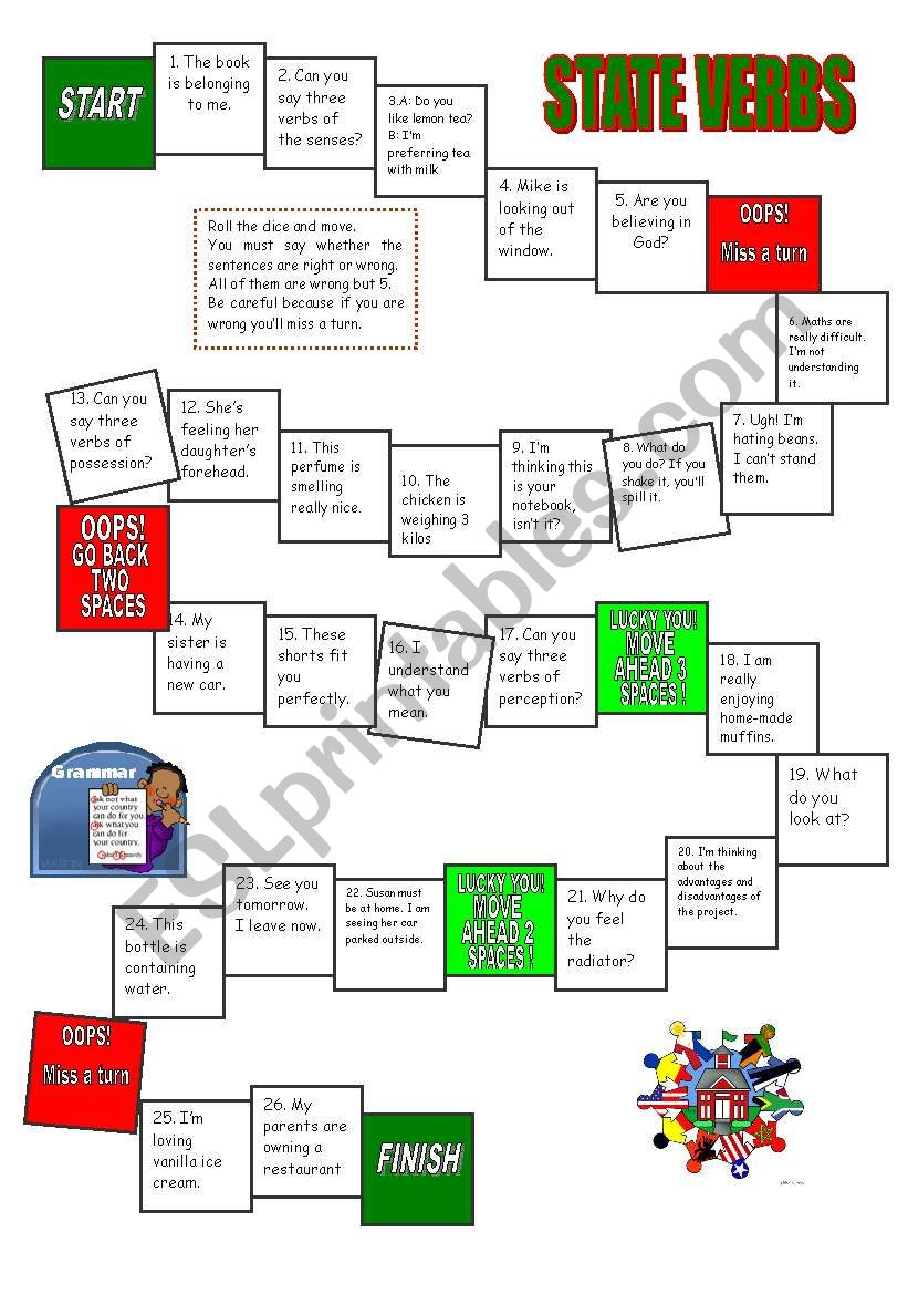 STATE VERBS BOARD GAME worksheet