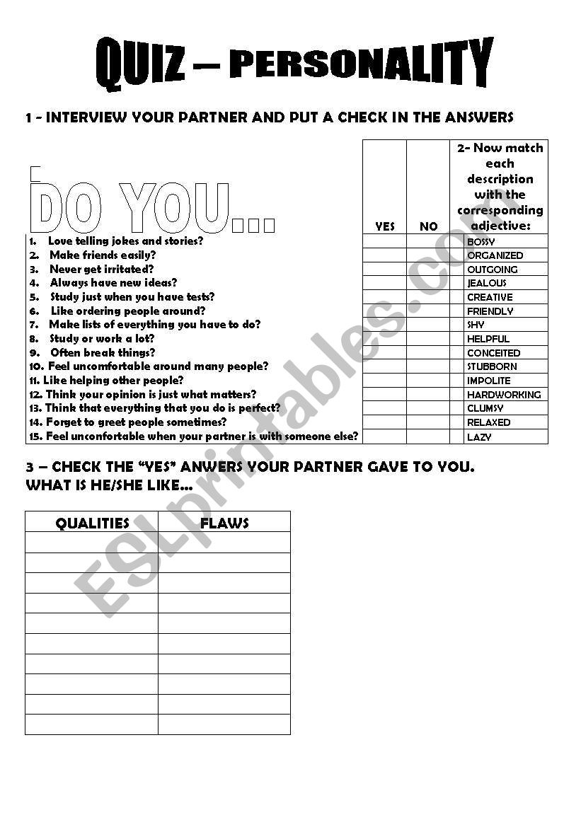 Quiz personality worksheet